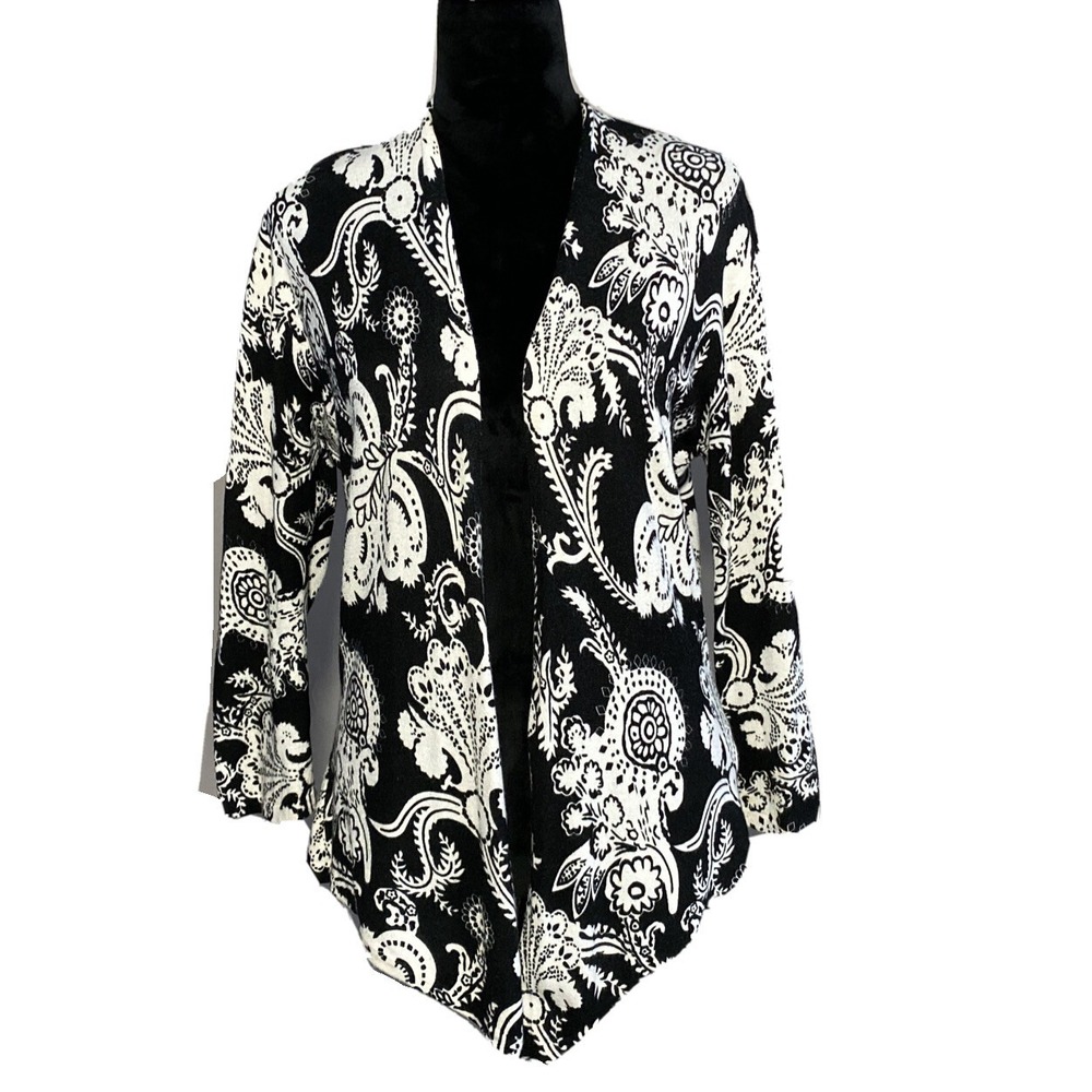 Cache‎ Cardigan LARGE White Black Paisley Open Drape Front 3/4 Sl Stretch Hi Lo